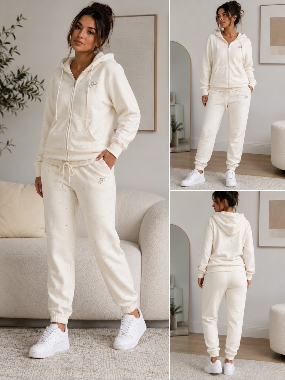Victoria’s Secret PINK Rhinestone Bling Hoodie Sweatpants Set Cream S - Picture 2 of 7